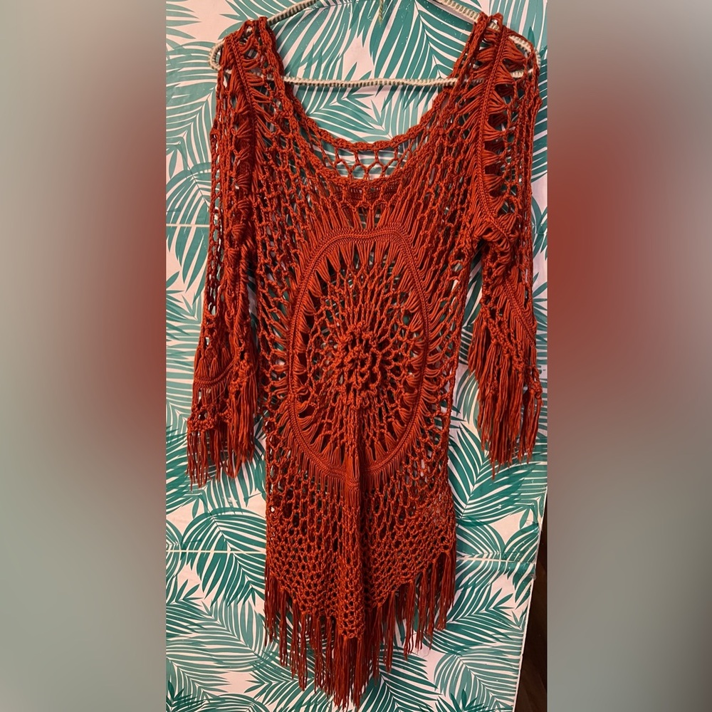 Cupshe boho crochet swim suit cover up w/ fringe trim in burnt orange sz XL